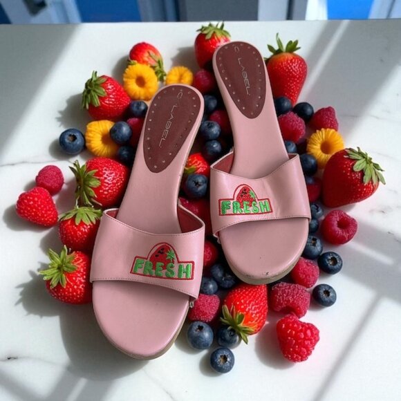 C LABEL Y2K  Vintage Fresh Strawberry Pink Leather Sandals Heels Size 11 - Picture 1 of 12